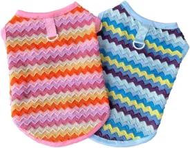 2 Pack Summer Small Dog T-Shirts with Leash Ring Breathable Girl Puppy Clothes Cooling Boy Cats Outfits Sleeveless Dog Tee Shirt Lightweight Pet Vest Shirt (Pink Blue Wave, Large)
