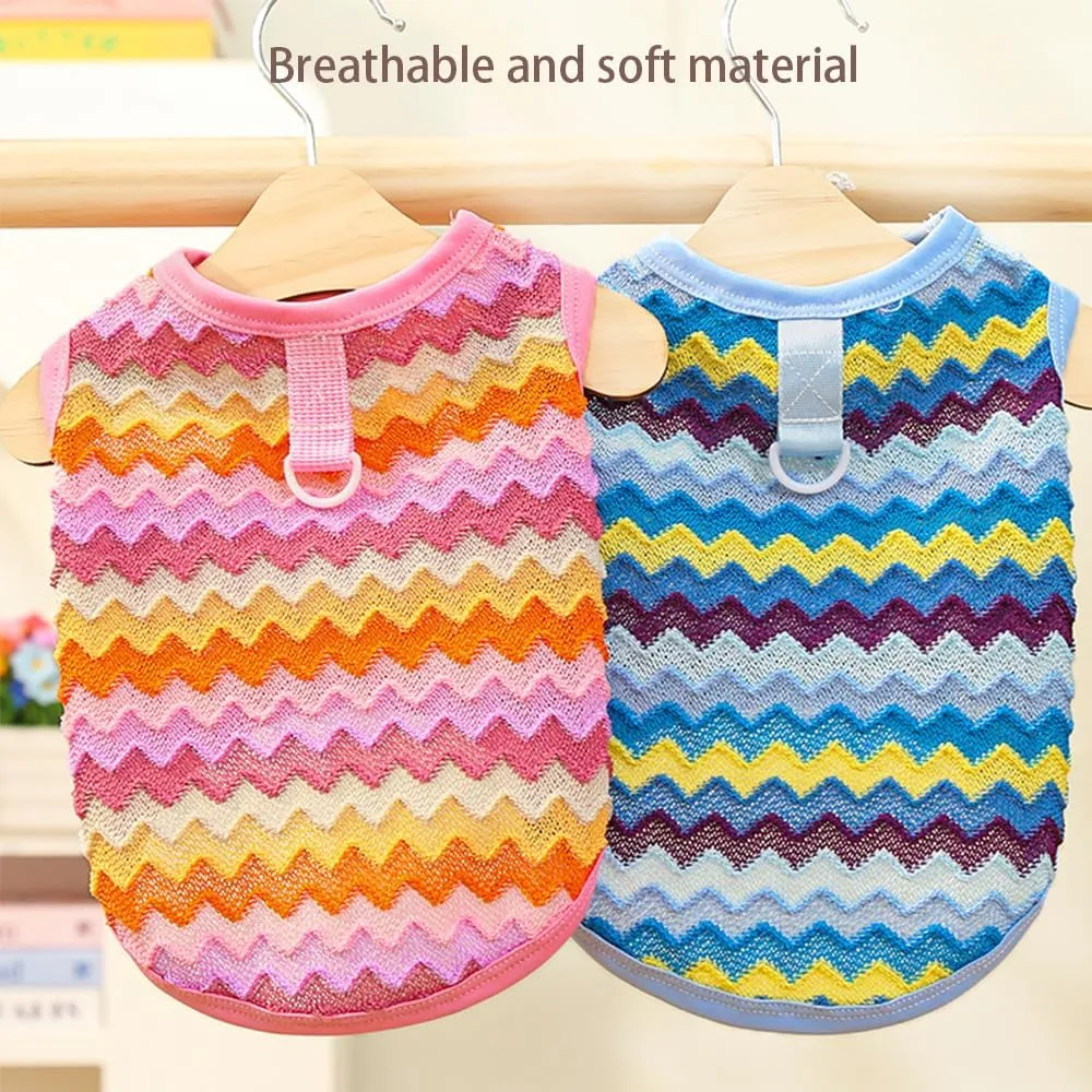 2 Pack Summer Small Dog T-Shirts with Leash Ring Breathable Girl Puppy Clothes Cooling Boy Cats Outfits Sleeveless Dog Tee Shirt Lightweight Pet Vest Shirt (Pink Blue Wave, Large)