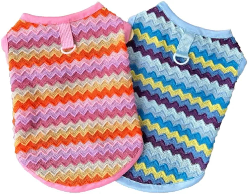 2 Pack Summer Small Dog T-Shirts with Leash Ring Breathable Girl Puppy Clothes Cooling Boy Cats Outfits Sleeveless Dog Tee Shirt Lightweight Pet Vest Shirt (Pink Blue Wave, Large)