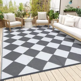 9x18 Outdoor Rug for Patio Reversible, Plastic Straw Rug Waterproof Camping Rug Portable, Foldable Lightweight Mat for RV, Patio, Backyard, Deck, Picnic, Beach (Grey/White)