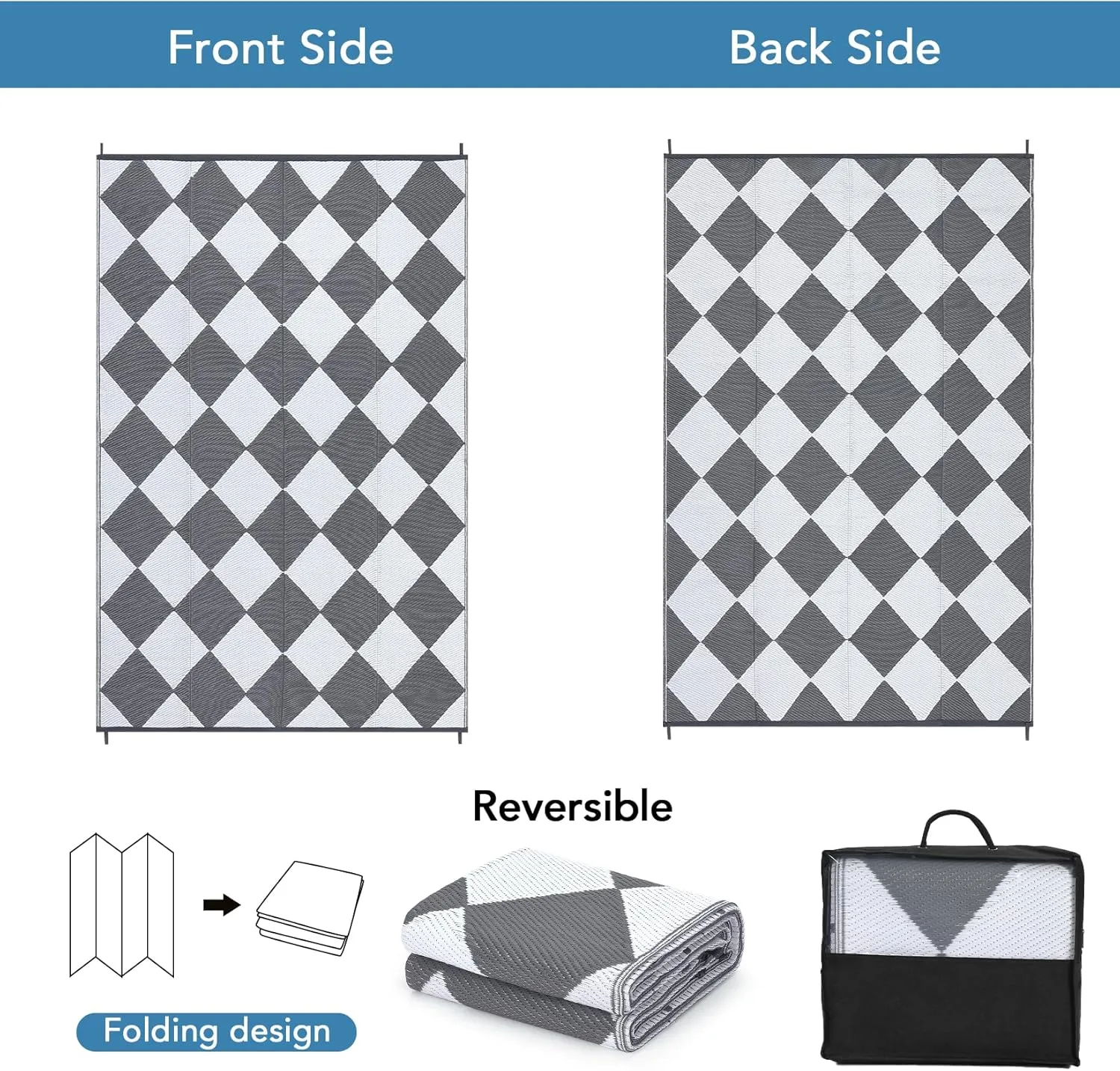 9x18 Outdoor Rug for Patio Reversible, Plastic Straw Rug Waterproof Camping Rug Portable, Foldable Lightweight Mat for RV, Patio, Backyard, Deck, Picnic, Beach (Grey/White)