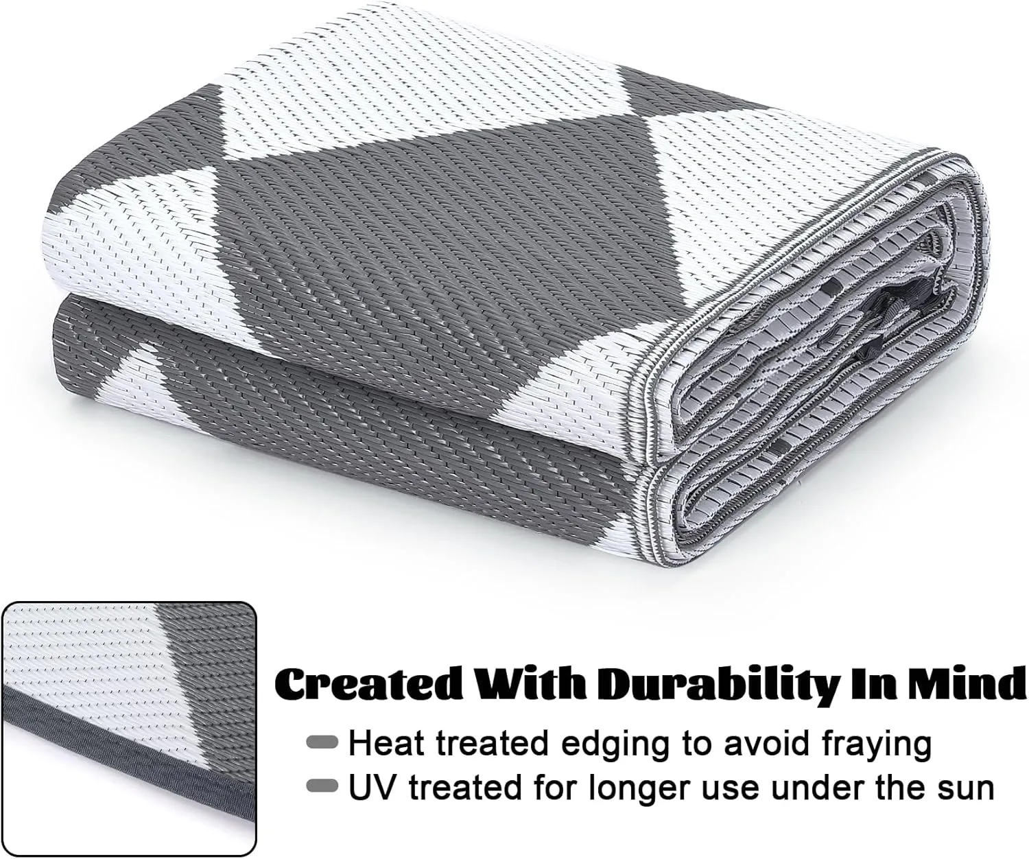 9x18 Outdoor Rug for Patio Reversible, Plastic Straw Rug Waterproof Camping Rug Portable, Foldable Lightweight Mat for RV, Patio, Backyard, Deck, Picnic, Beach (Grey/White)