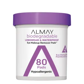 Almay Eye Makeup Remover Pads, Biodegradable Longwear & Waterproof, Hypoallergenic, Cruelty Free-Fragrance Free Cleansing Wipes, 80 Pads (Pack of 1)