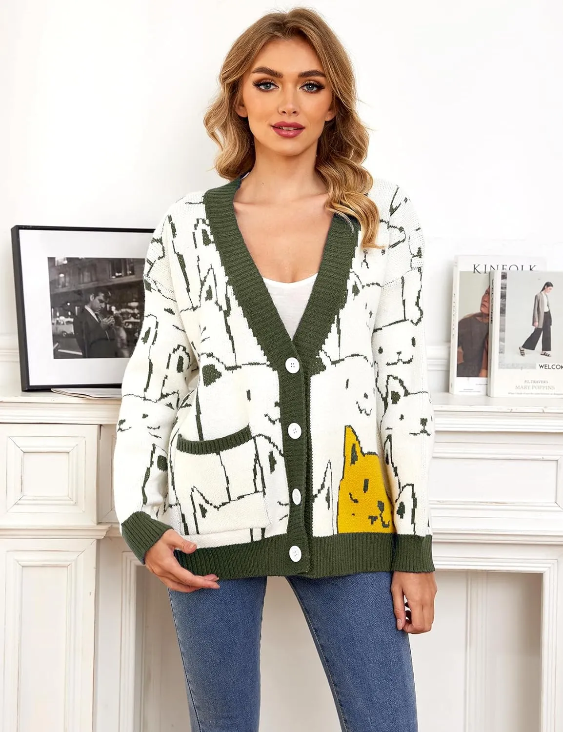 Arssm Cat Sweater for Women Oversized Button Down V Neck Cable Knit Sweater Cute Kawaii Cartoon Cardigan Coat