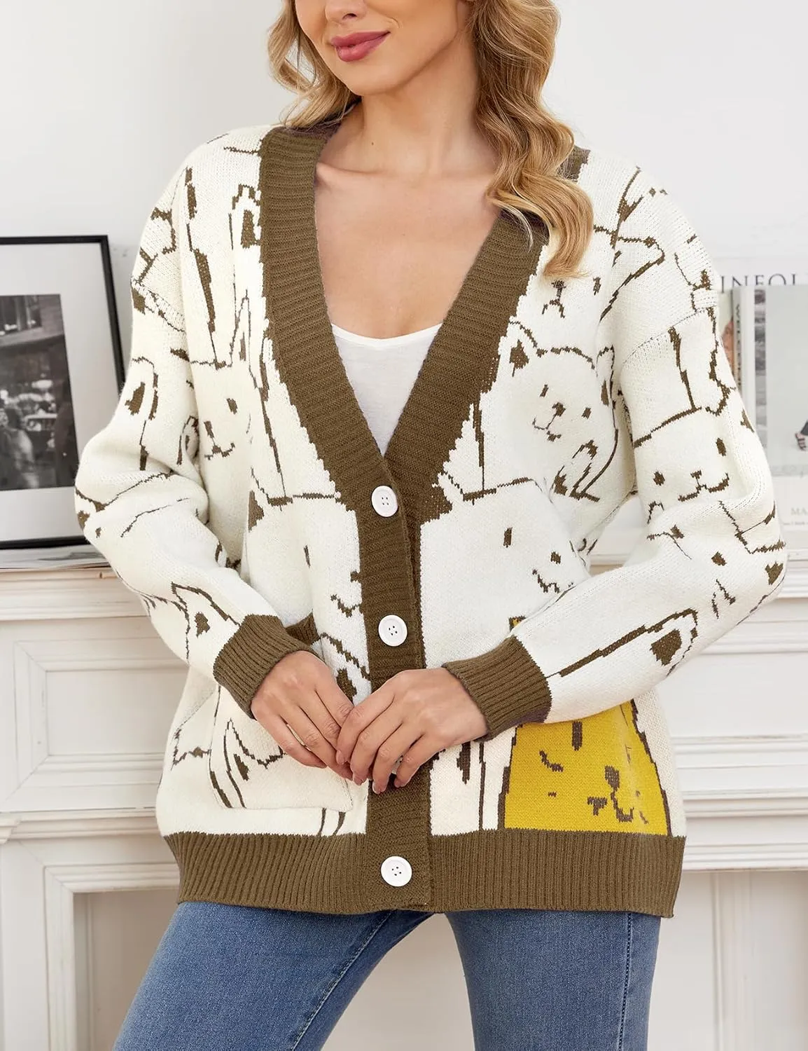 Arssm Cat Sweater for Women Oversized Button Down V Neck Cable Knit Sweater Cute Kawaii Cartoon Cardigan Coat