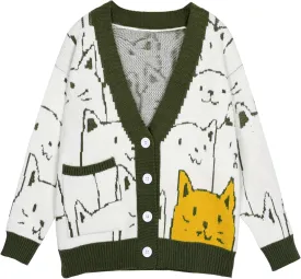 Arssm Cat Sweater for Women Oversized Button Down V Neck Cable Knit Sweater Cute Kawaii Cartoon Cardigan Coat