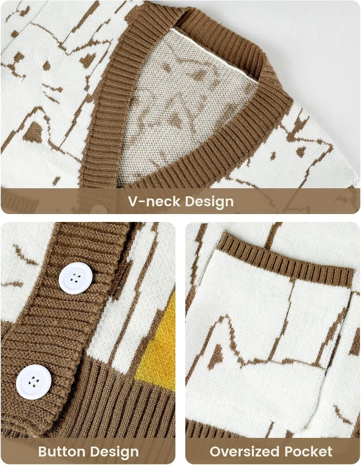 Arssm Cat Sweater for Women Oversized Button Down V Neck Cable Knit Sweater Cute Kawaii Cartoon Cardigan Coat