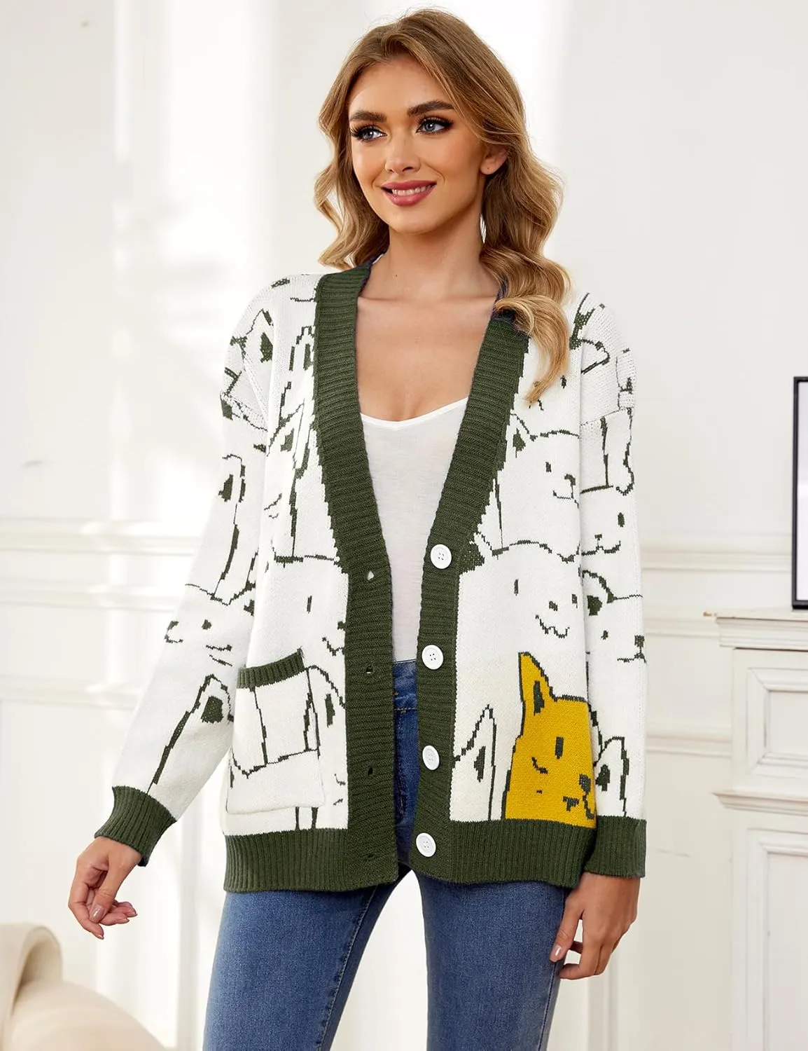 Arssm Cat Sweater for Women Oversized Button Down V Neck Cable Knit Sweater Cute Kawaii Cartoon Cardigan Coat