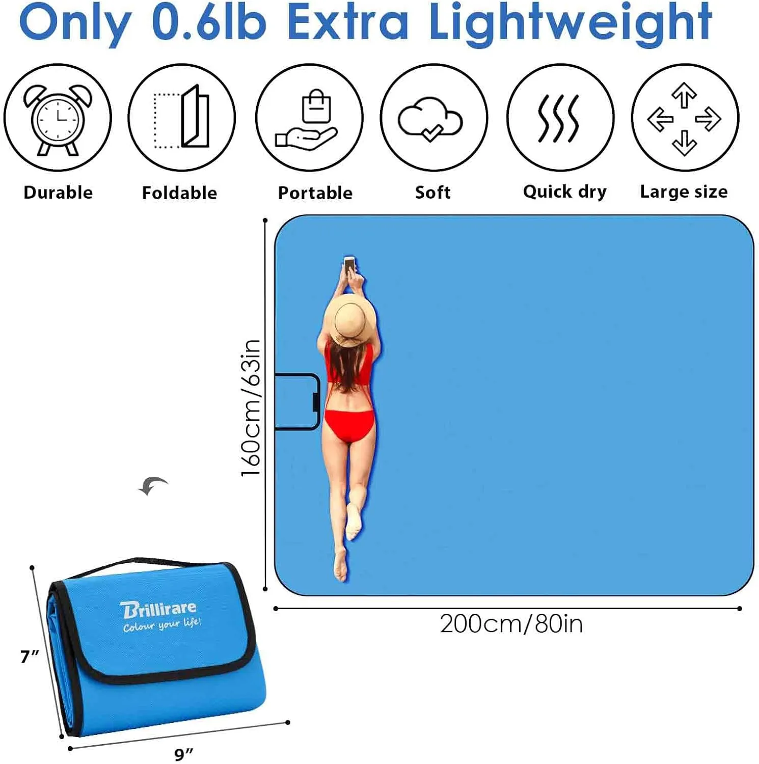 Beach Picnic Blanket, Sandproof Waterproof Camping Blankets 80x63in Large, Outdoor Sandfree Foldable Mat, Oversized Packable Family Mats for Hiking, Camping, Park, Travel, Grass Concert-Blue