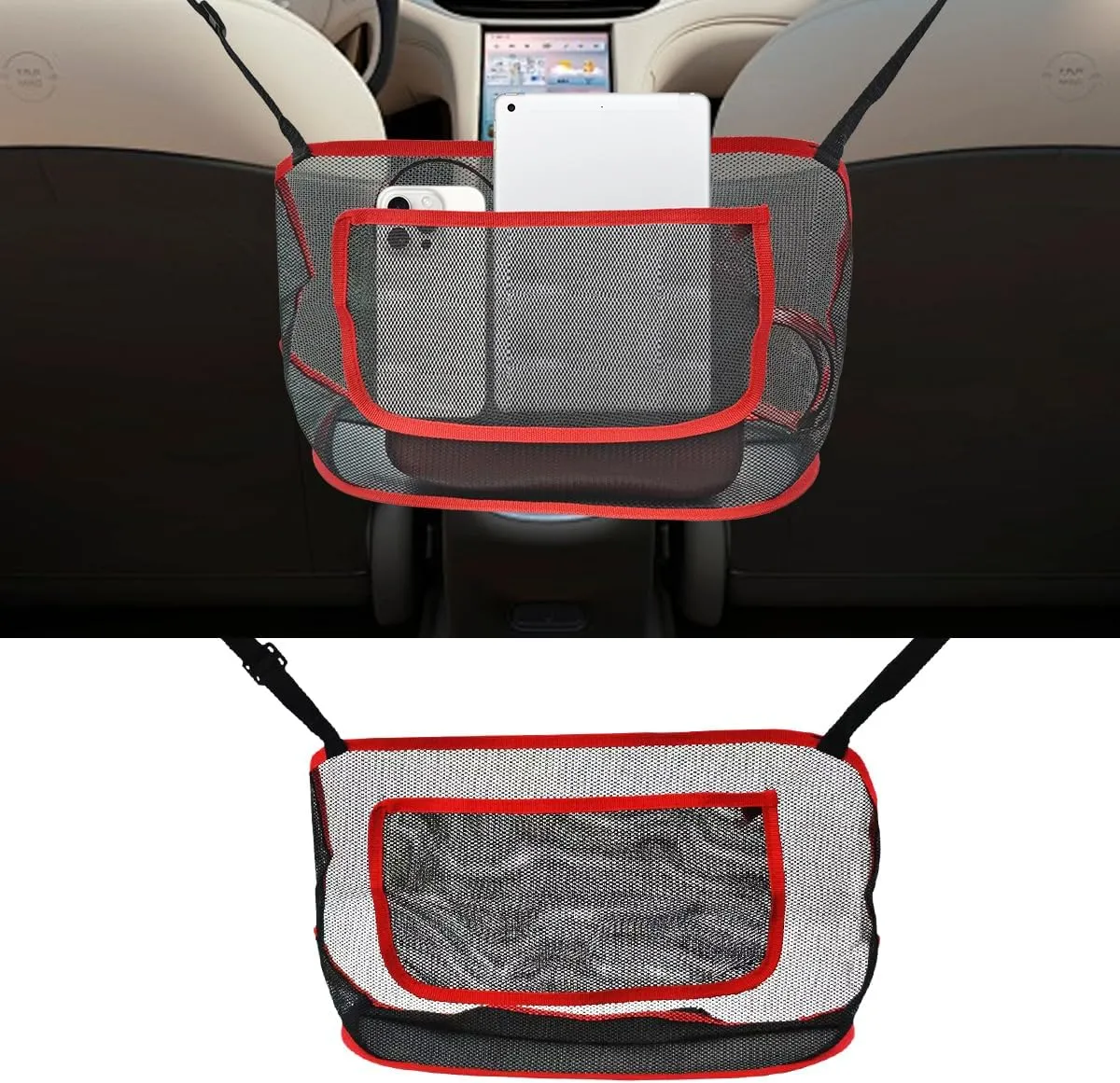 Car Purse Holder Between Seats, Net Pocket Handbag Holder for Cars, Car Mesh Organizer, Universal Auto Storege Bag Accessory for Phone Document, Barrier of Backseat Pet Kids (Red)