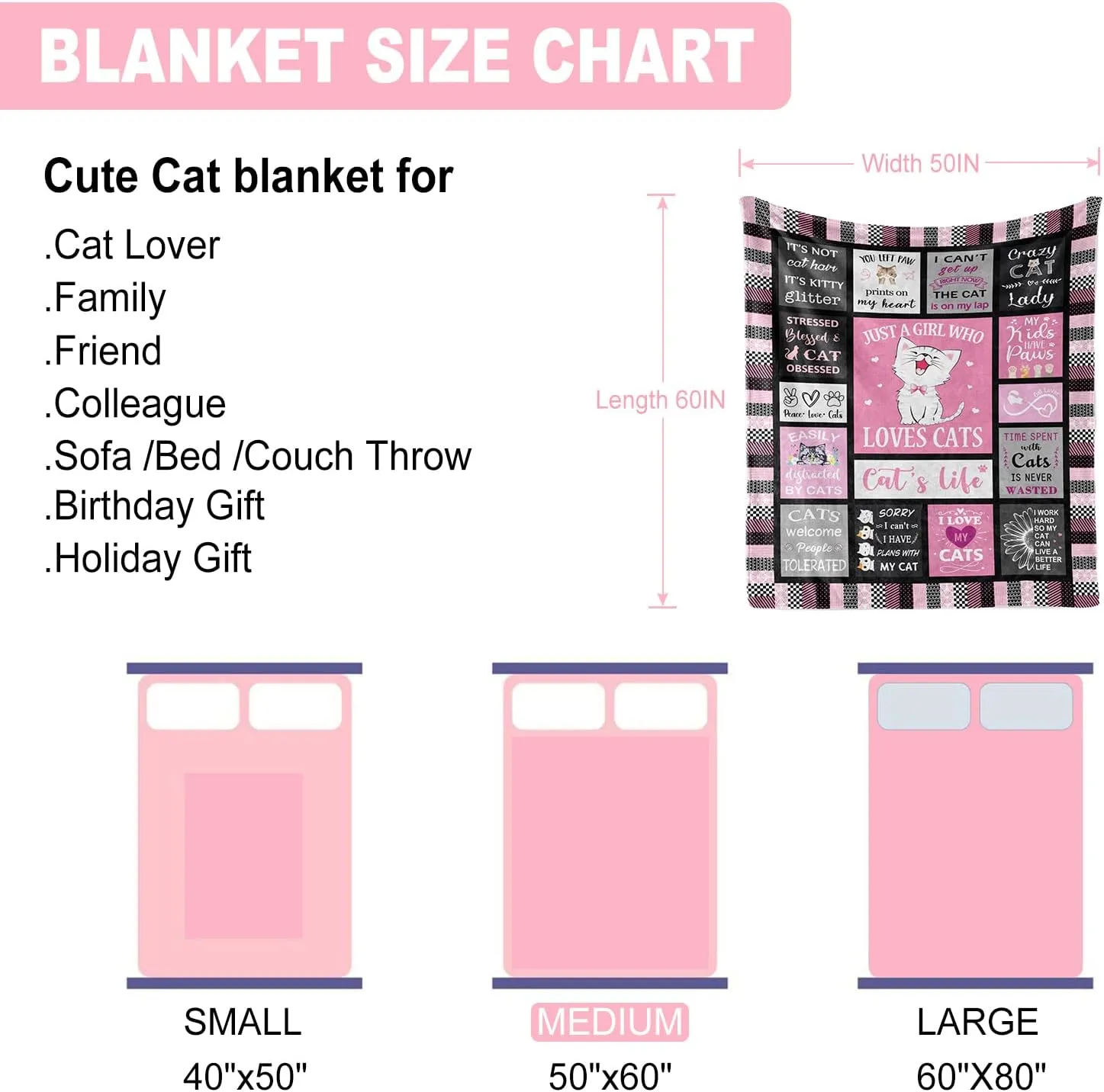 Cat Blanket Gifts 50"x60", Cat Gifts for Women, Cat Lover/Mom/Lady Gifts