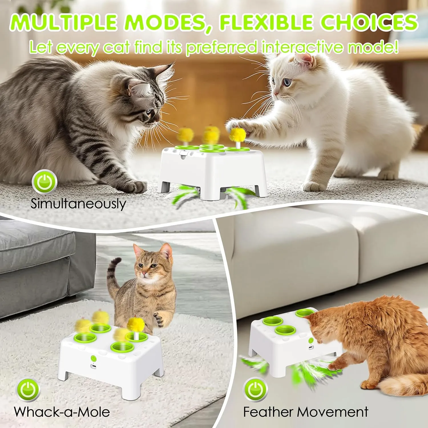 Cat Toys, 2 in1 Automatic Interactive Cat Toys for Indoor Cats, 4 Holes Mice Whack a Mole Cat Mouse Toy with Moving Feather, Rechargeable USB Power Kitten Feather Toys for All Breeds (Green)