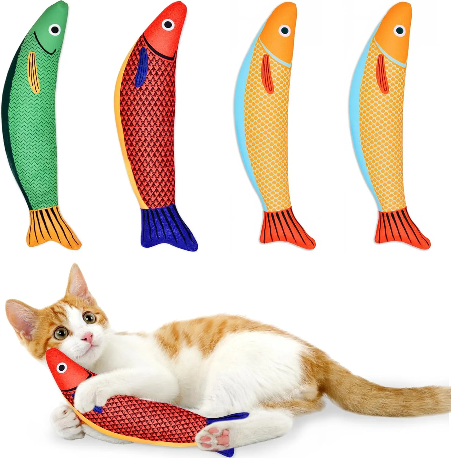 Cat Toys, 4-Pack Catnip Toys for Cats, Soft and Durable with Rattle Sound, Interactive Kitten Toys for Indoor Cats, 9.4 Inches, Saury Fish Cat Chew Toy for All Breeds (Saury Fish)