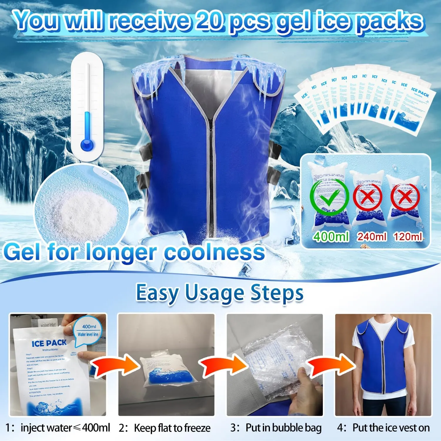 Cooling Vest With 20pcs Ice Packs for Men Women - Ice Cold Vest Adjustable Cool Jacket for Working Hot Weather