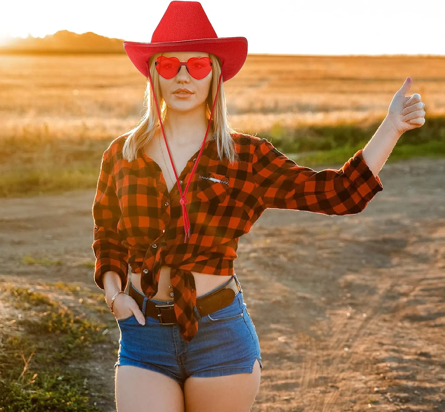 Coume 18 Pcs Cowboy Hat with Heart Sunglasses and Paisley Bandanas Western Cowgirl Hat for Wedding Cosplay Costume Adults