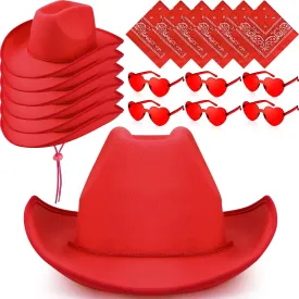 Coume 18 Pcs Cowboy Hat with Heart Sunglasses and Paisley Bandanas Western Cowgirl Hat for Wedding Cosplay Costume Adults