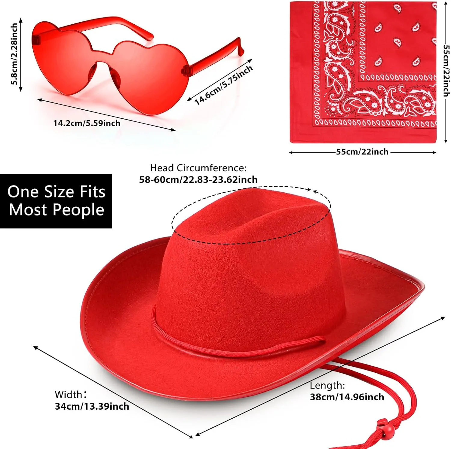 Coume 18 Pcs Cowboy Hat with Heart Sunglasses and Paisley Bandanas Western Cowgirl Hat for Wedding Cosplay Costume Adults