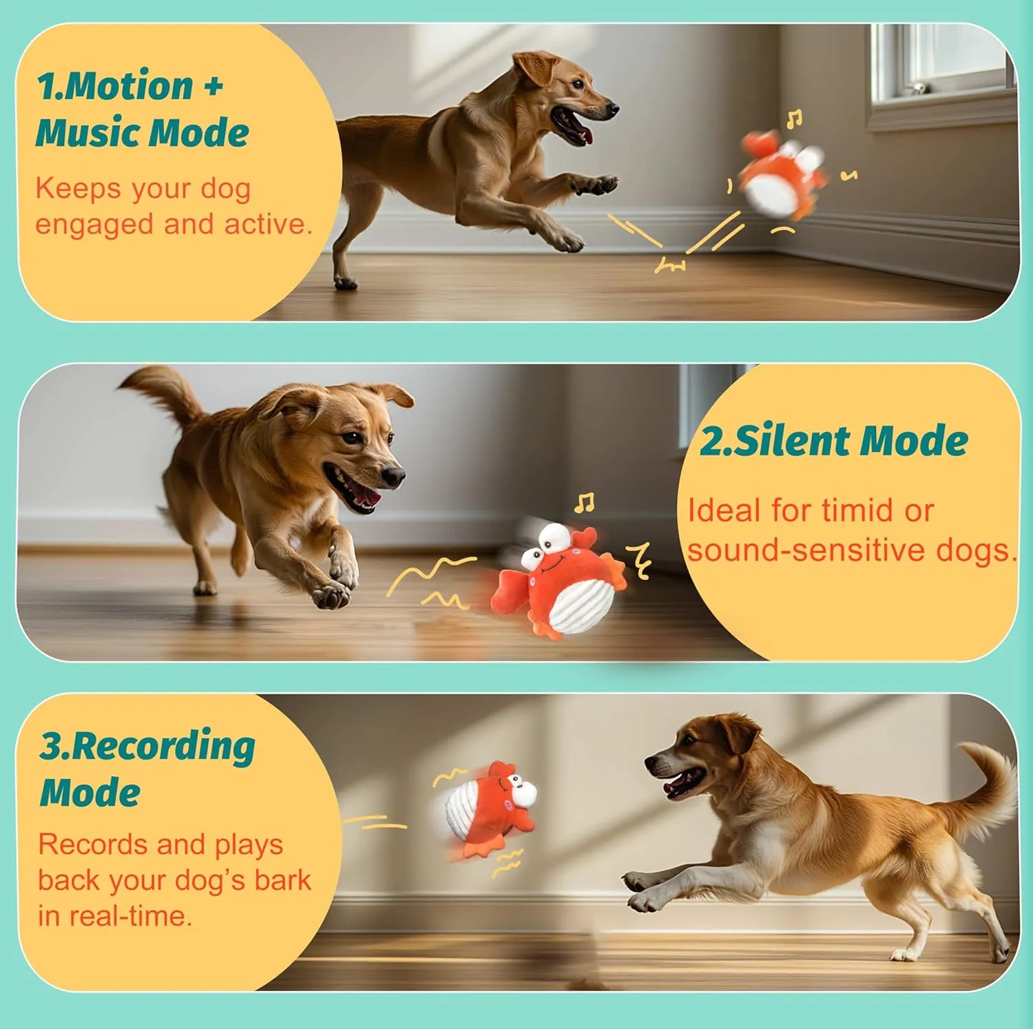 Crab Interactive Dog Toys  Rechargeable Self-Play Toy with Motion-Activated Ball & Music Recording Modes for Small, Medium & Large Dogs, Moving Dog Toy to Keep Them Busy