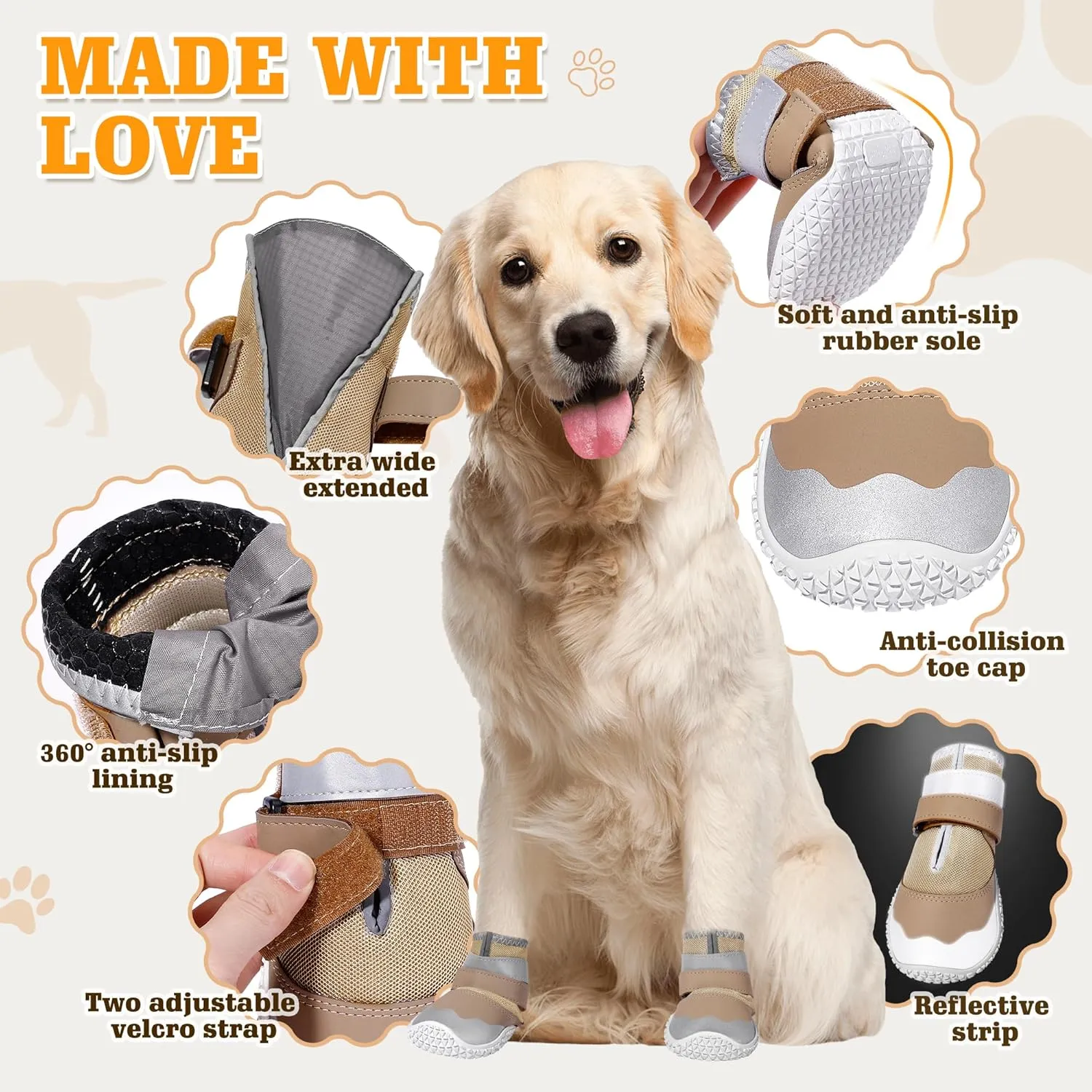 DcOaGt Dog Shoes Large Size Dogs,Mesh Breathable Dog Boots & Paw Protectors for Hot Pavement Summer Winter Snow, 360Anti-Slip Dog Booties with Reflective Strips for Hiking/Walking,Khaki 4PCS(Size 8)