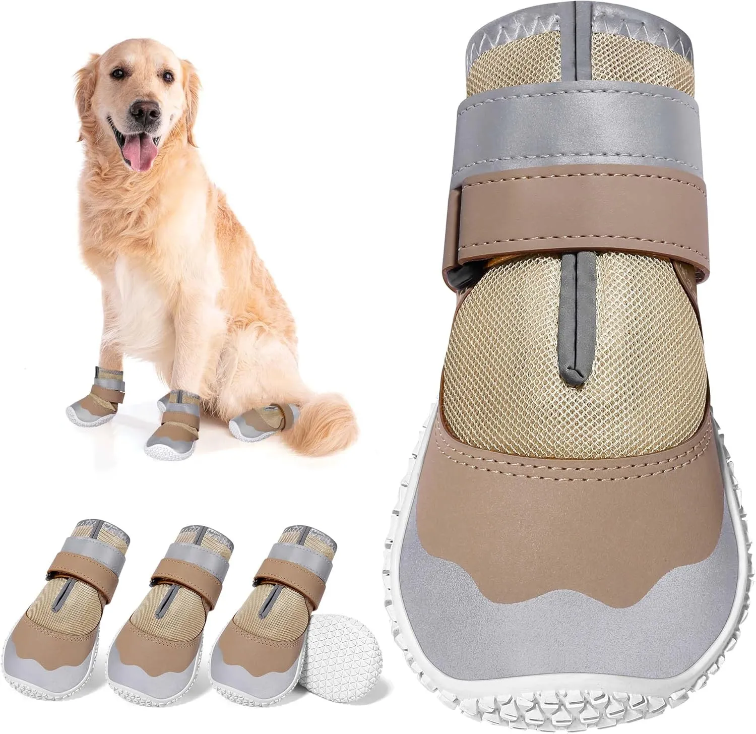 DcOaGt Dog Shoes Large Size Dogs,Mesh Breathable Dog Boots & Paw Protectors for Hot Pavement Summer Winter Snow, 360Anti-Slip Dog Booties with Reflective Strips for Hiking/Walking,Khaki 4PCS(Size 8)