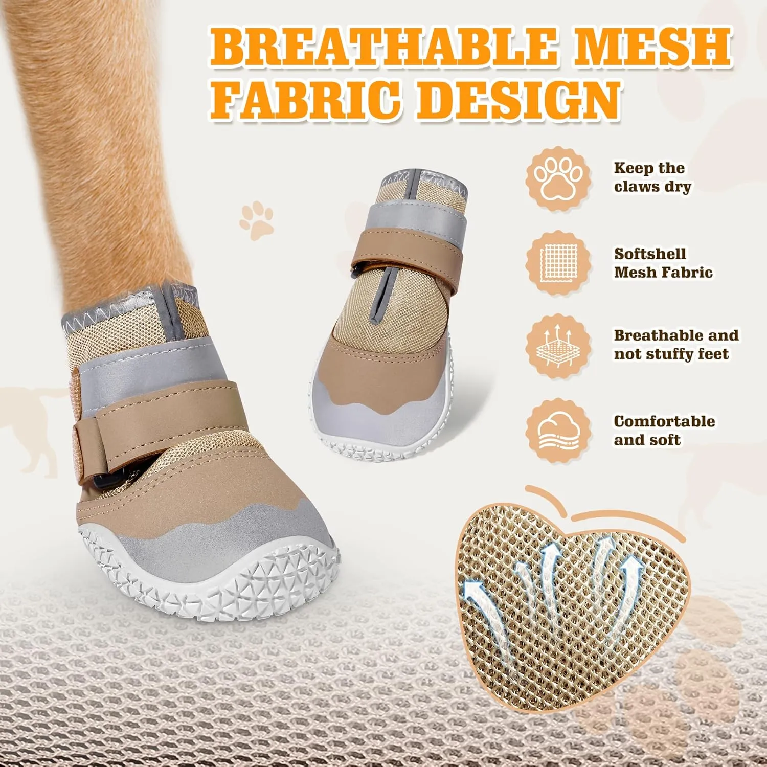 DcOaGt Dog Shoes Large Size Dogs,Mesh Breathable Dog Boots & Paw Protectors for Hot Pavement Summer Winter Snow, 360Anti-Slip Dog Booties with Reflective Strips for Hiking/Walking,Khaki 4PCS(Size 8)