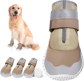 DcOaGt Dog Shoes Large Size Dogs,Mesh Breathable Dog Boots & Paw Protectors for Hot Pavement Summer Winter Snow, 360Anti-Slip Dog Booties with Reflective Strips for Hiking/Walking,Khaki 4PCS(Size 8)
