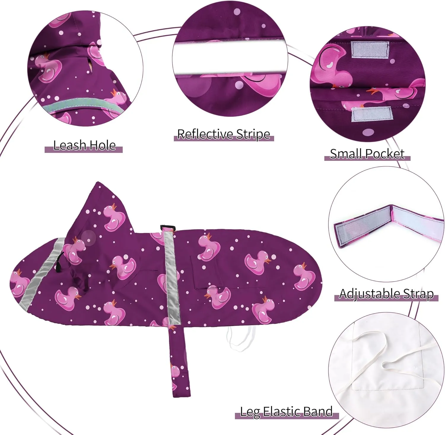 DELIFUR Large Dog Raincoat - Waterproof Dog Rain Poncho Adjustable Double Layer Rain Jacket with Hood for Medium Large Dogs Designed with Leash Hole Reflective Strip (Purple Duck, Large)