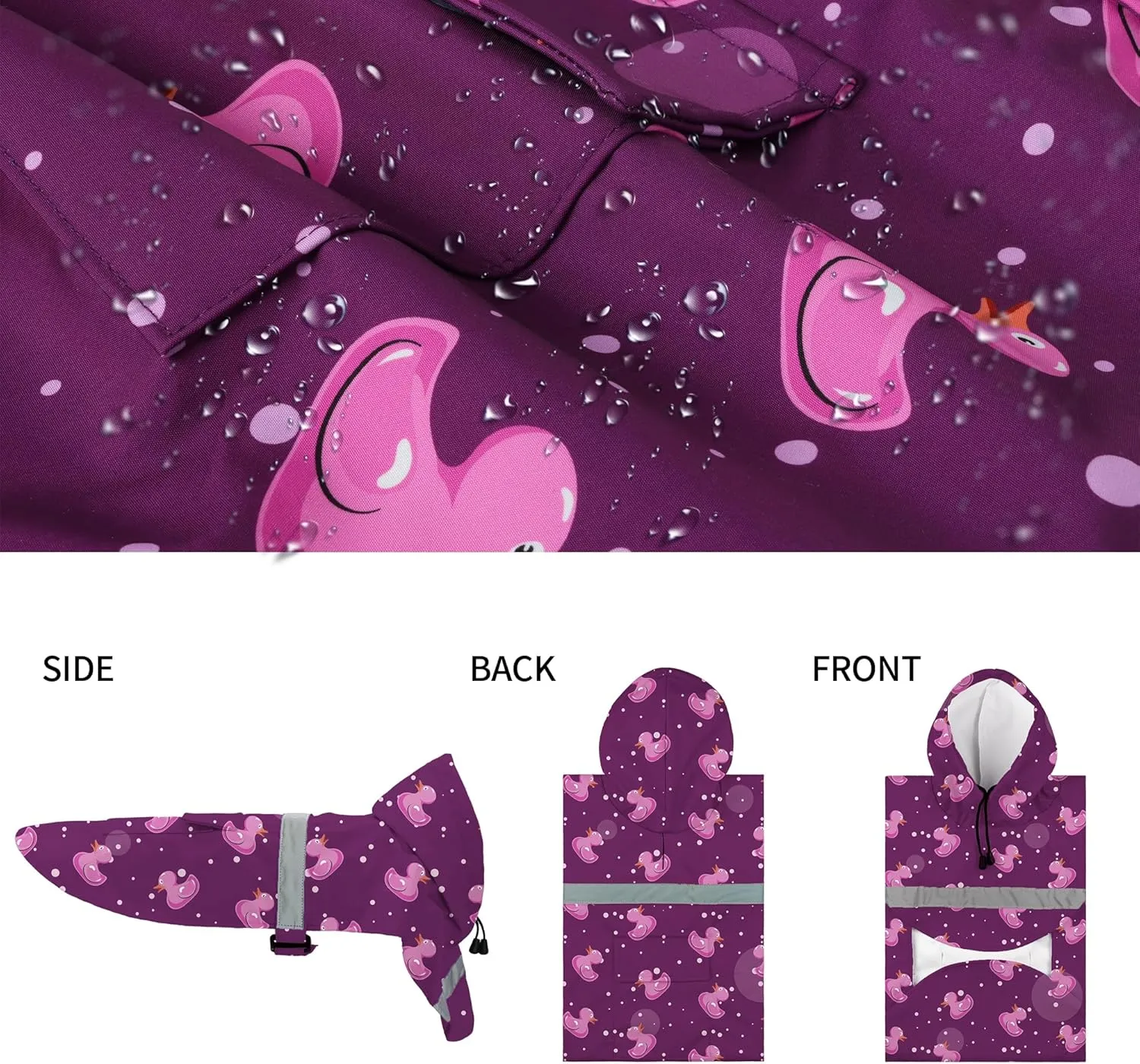 DELIFUR Large Dog Raincoat - Waterproof Dog Rain Poncho Adjustable Double Layer Rain Jacket with Hood for Medium Large Dogs Designed with Leash Hole Reflective Strip (Purple Duck, Large)