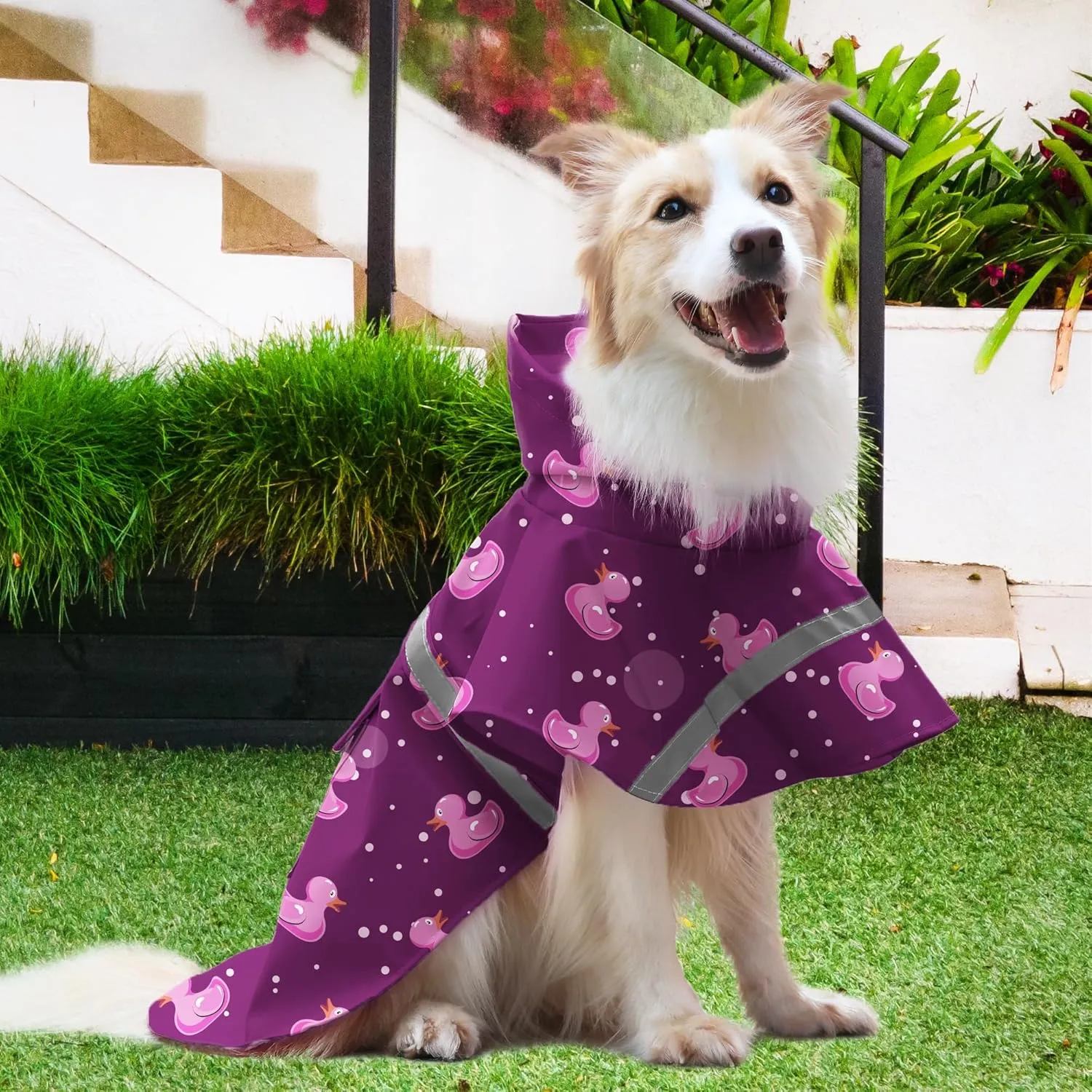 DELIFUR Large Dog Raincoat - Waterproof Dog Rain Poncho Adjustable Double Layer Rain Jacket with Hood for Medium Large Dogs Designed with Leash Hole Reflective Strip (Purple Duck, Large)