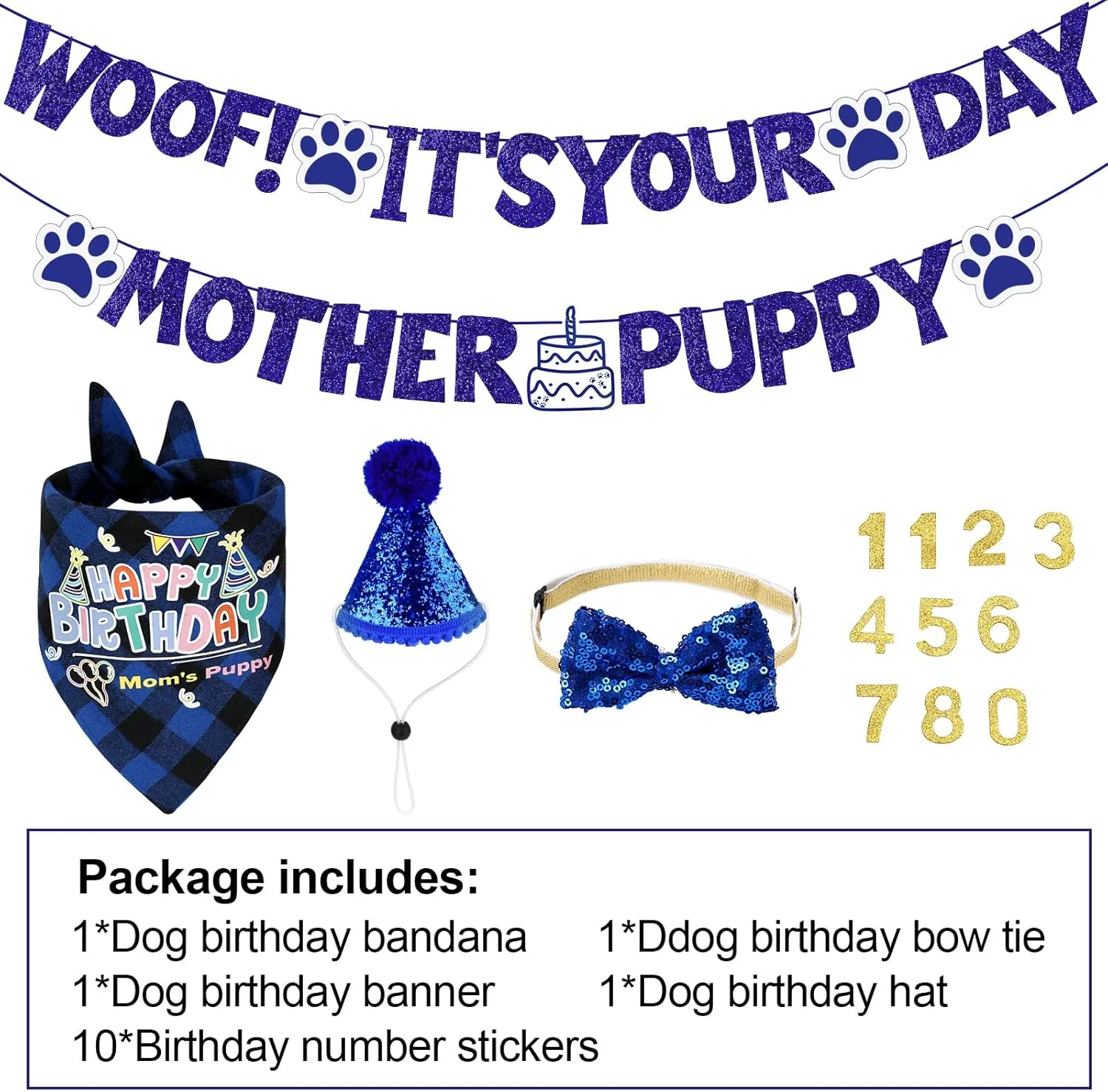 Dog Birthday Party Supplies for Small Medium and Large Breeds, Dog Birthday Hat & Bandana Set with Bow Tie, Banner, Scarf, Adjustable Headscarf (Boys/Girls)