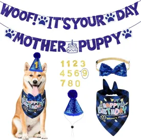 Dog Birthday Party Supplies for Small Medium and Large Breeds, Dog Birthday Hat & Bandana Set with Bow Tie, Banner, Scarf, Adjustable Headscarf (Boys/Girls)