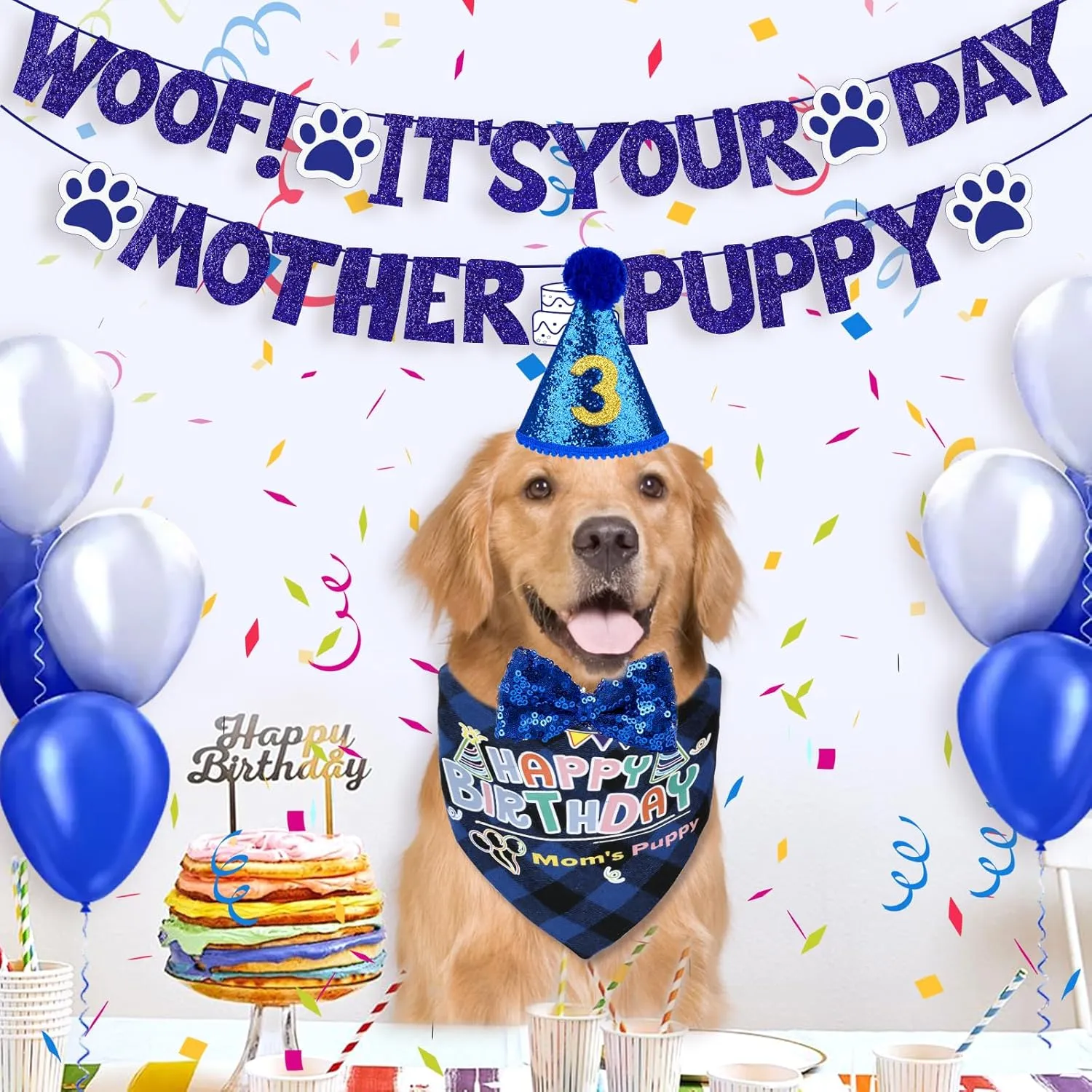 Dog Birthday Party Supplies for Small Medium and Large Breeds, Dog Birthday Hat & Bandana Set with Bow Tie, Banner, Scarf, Adjustable Headscarf (Boys/Girls)