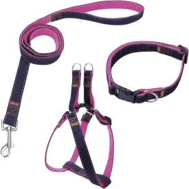 Dog Harness Leash and Collar Matching Sets for Small Puppy Medium Large Dogs Pets, Heavy Duty Nylon with Denim Design, Perfect Accessories for Walking Training Your Dog(L,Pink)