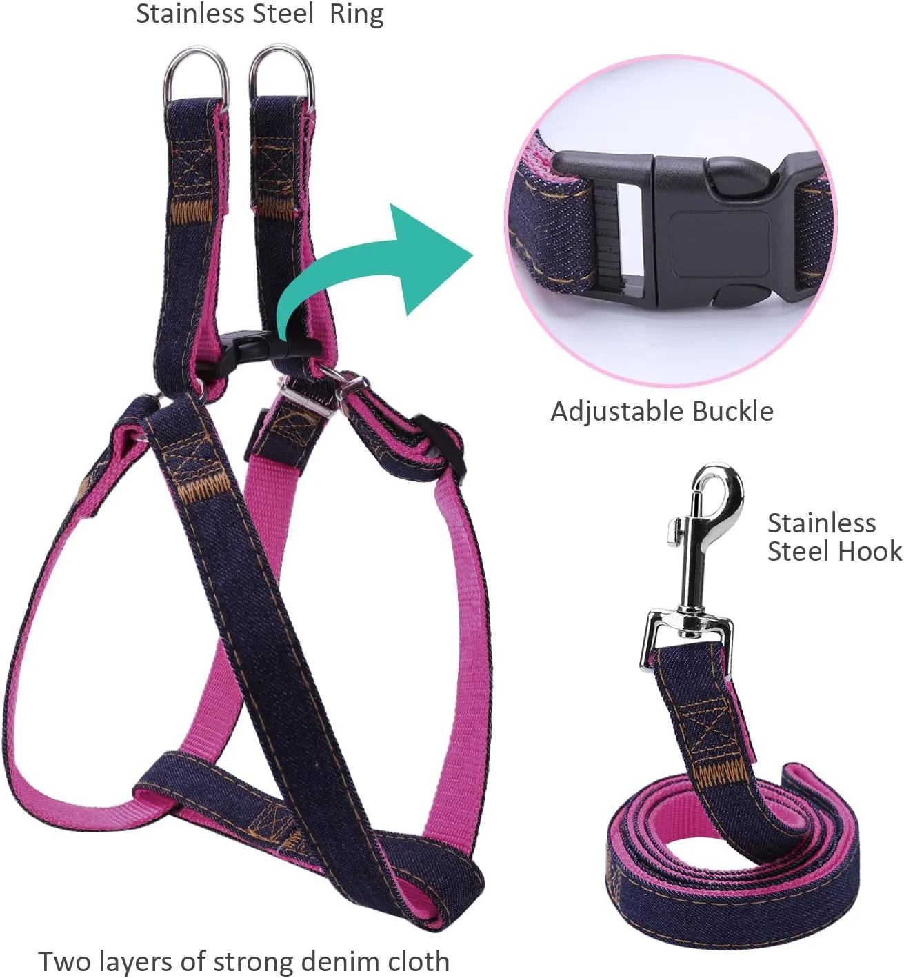 Dog Harness Leash and Collar Matching Sets for Small Puppy Medium Large Dogs Pets, Heavy Duty Nylon with Denim Design, Perfect Accessories for Walking Training Your Dog(L,Pink)