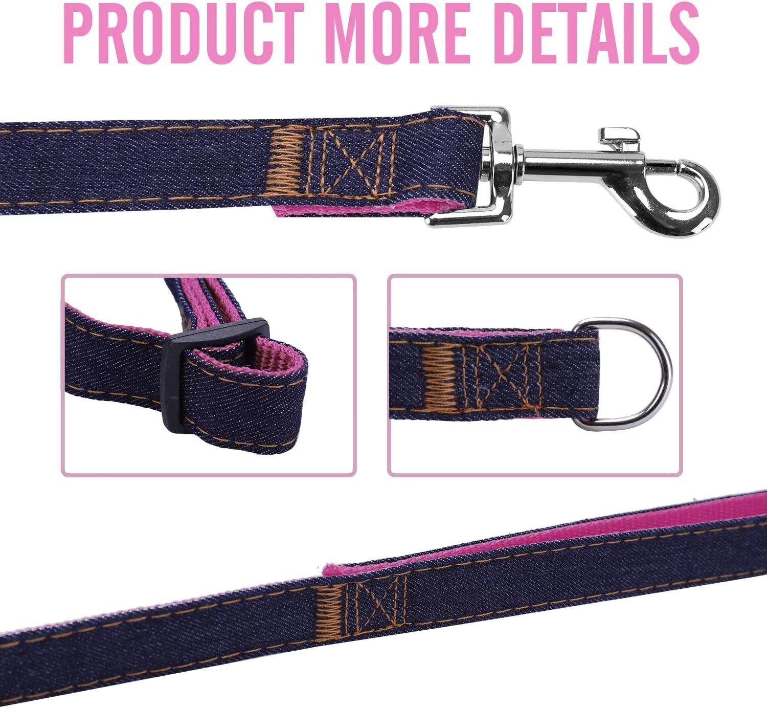Dog Harness Leash and Collar Matching Sets for Small Puppy Medium Large Dogs Pets, Heavy Duty Nylon with Denim Design, Perfect Accessories for Walking Training Your Dog(L,Pink)