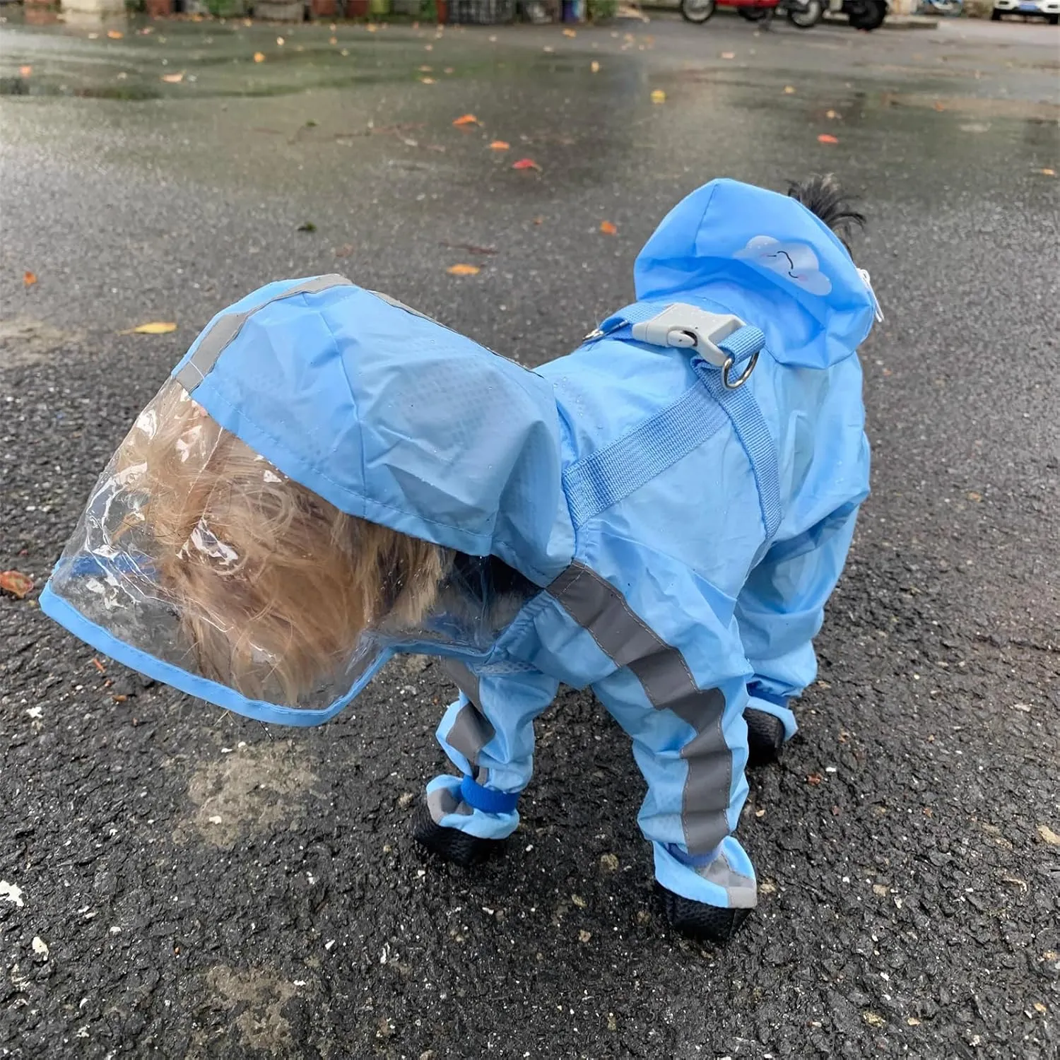 Dog Raincoat with Boots,Waterproof Dog Raincoats with Hood for Small Medium Large Dogs,Raincoat with Reflective Strap, Lightweight Rain Jacket with Leash Hole (Blue Cloud, X-Small)