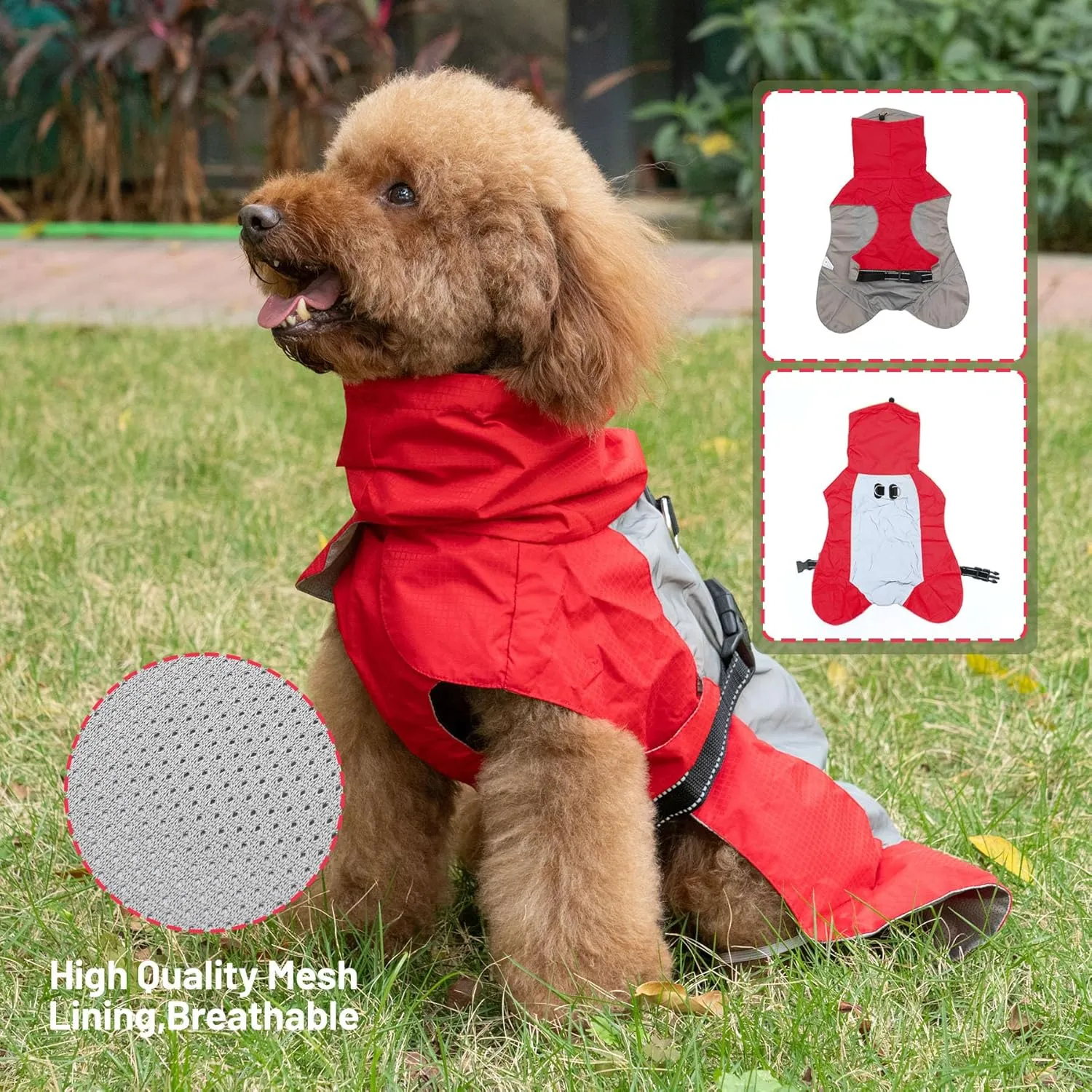 Dog Raincoat with Harness Built in,Outdoor Waterproof Puppy Rain Jacket for Large Dogs,Adjustable Waist by Strap Doggie Rain Coats,Red XL