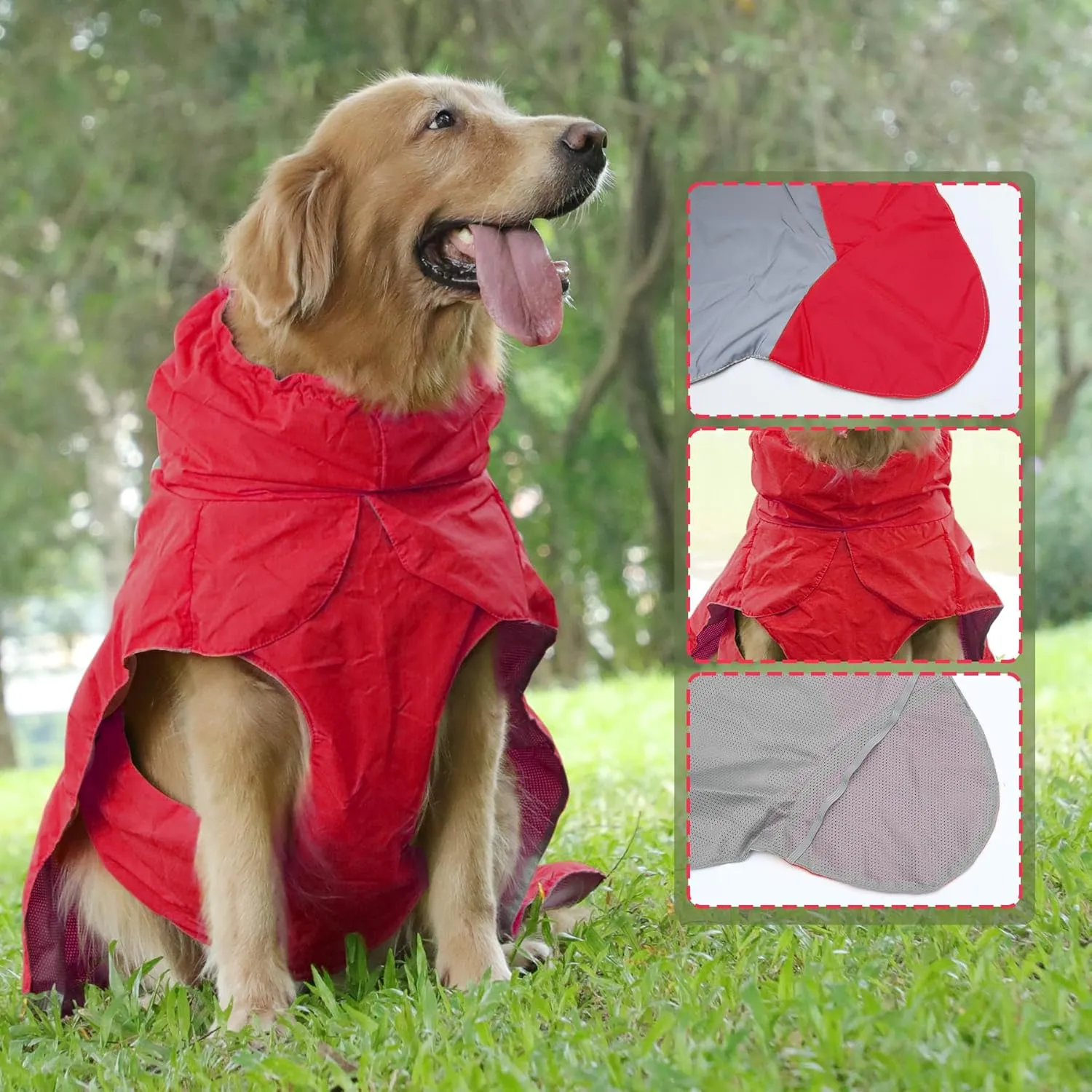Dog Raincoat with Harness Built in,Outdoor Waterproof Puppy Rain Jacket for Large Dogs,Adjustable Waist by Strap Doggie Rain Coats,Red XL