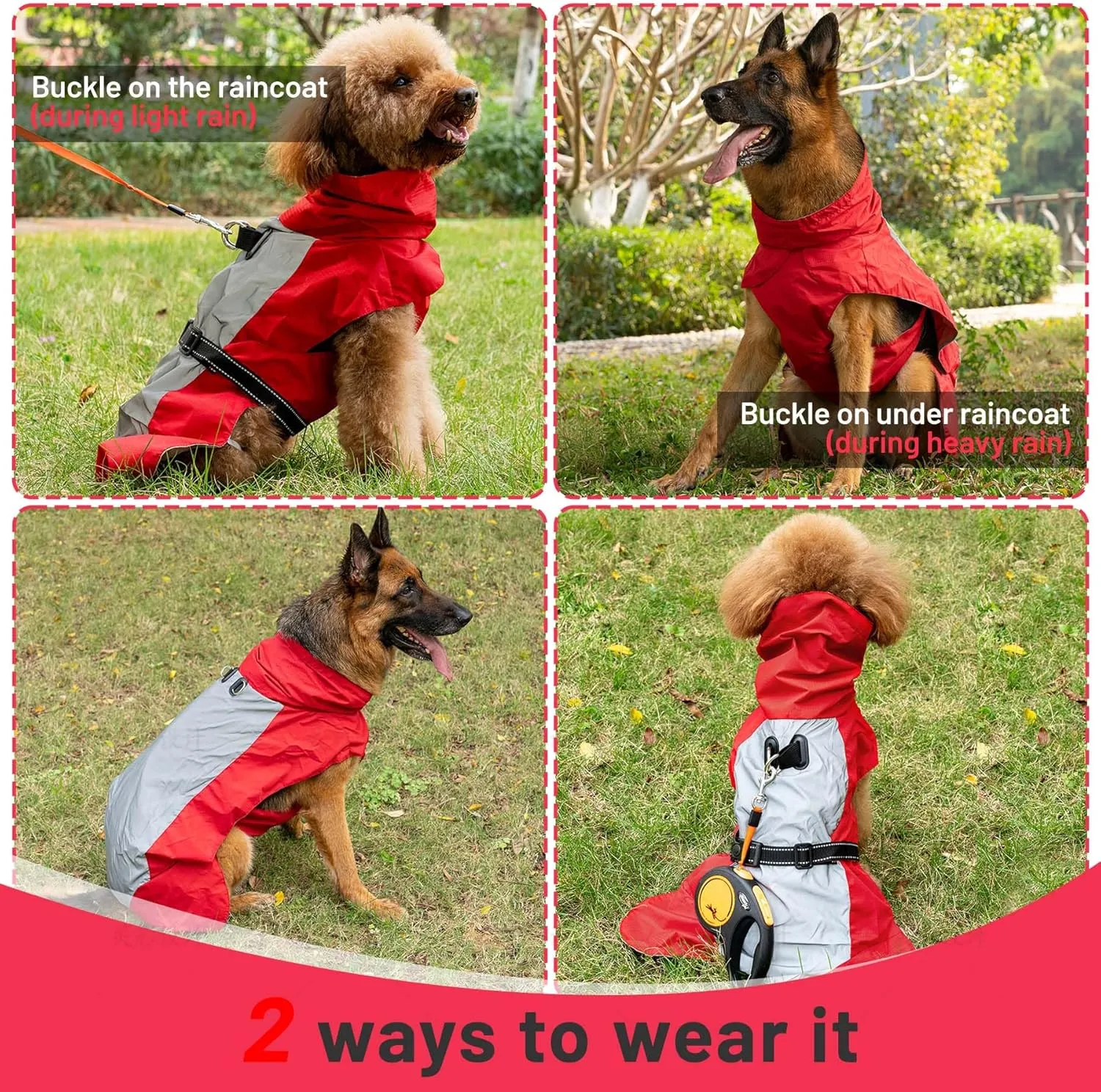 Dog Raincoat with Harness Built in,Outdoor Waterproof Puppy Rain Jacket for Large Dogs,Adjustable Waist by Strap Doggie Rain Coats,Red XL