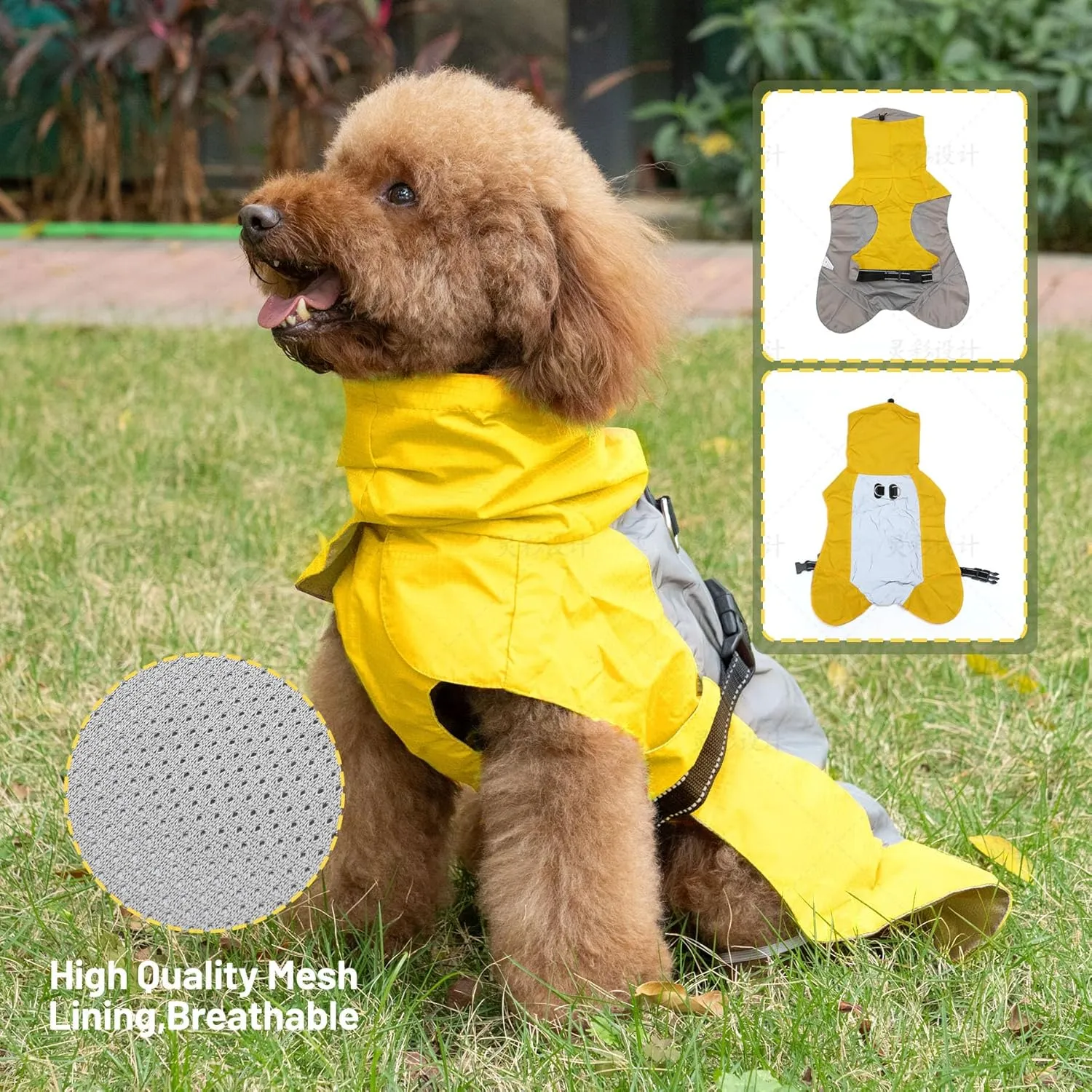 Dog Raincoat with Harness Built in,Outdoor Waterproof Puppy Rain Jacket for Large Dogs,Adjustable Waist by Strap Doggie Rain Coats,Yellow XL