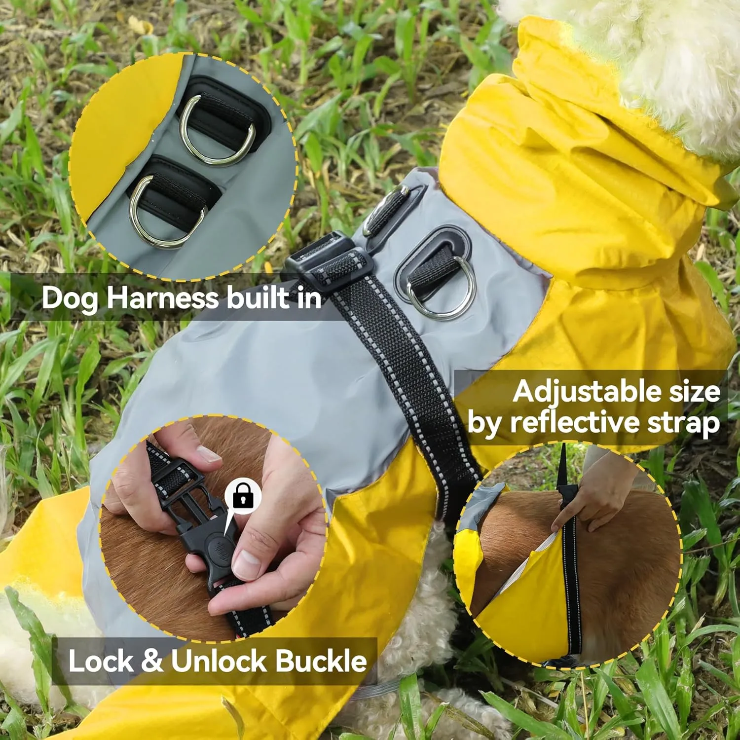 Dog Raincoat with Harness Built in,Outdoor Waterproof Puppy Rain Jacket for Large Dogs,Adjustable Waist by Strap Doggie Rain Coats,Yellow XL