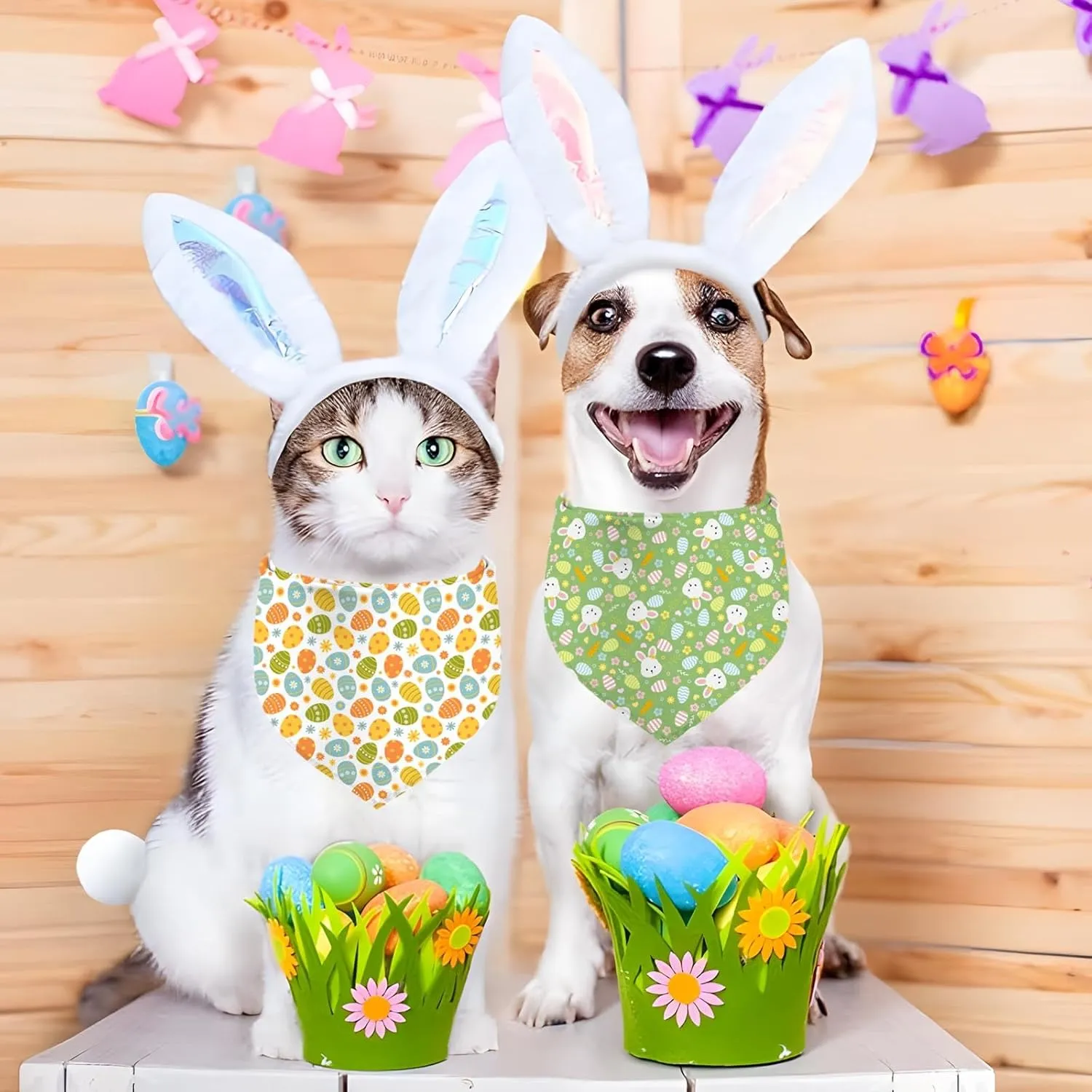 Easter Dog Bandana, 2 Pack Adjustable Holiday Party Pets Rabbit Easter Egg Bandanas Triangle Bibs Cat Scarf Set