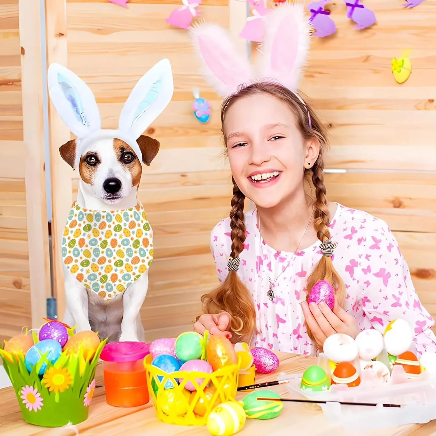 Easter Dog Bandana, 2 Pack Adjustable Holiday Party Pets Rabbit Easter Egg Bandanas Triangle Bibs Cat Scarf Set