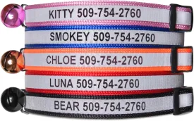 GoTags Personalized Reflective Cat Collars, Engraved Custom Cat Collar with Name and Phone Identification, Breakaway Collar with Safety Release Buckle and Bell, Adjustable for Cats and Kitten, (Red)