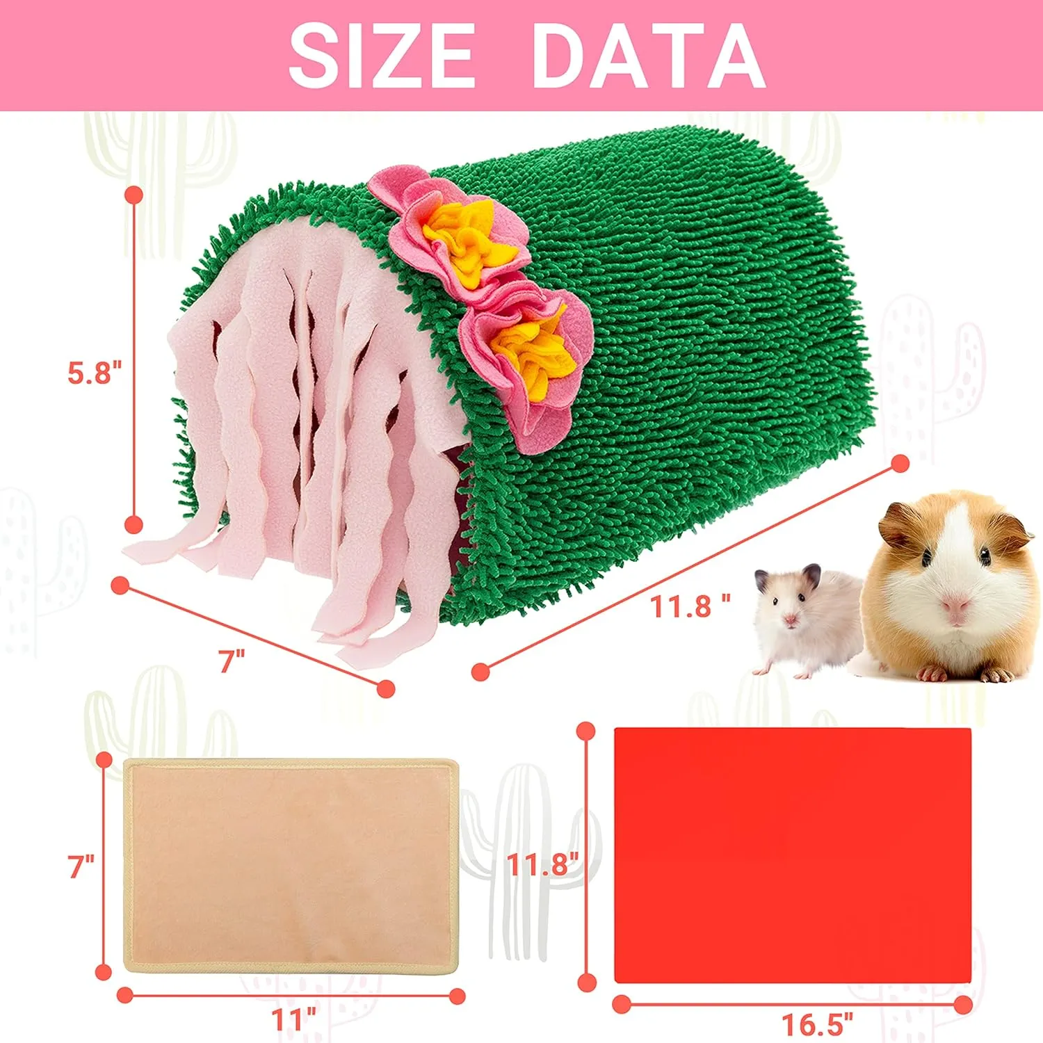 Guinea Pig Hideout - Soft Fleece Tunnel House for Rat Hamster Hedgehog Chinchilla Squirrel Samll Animals - Cute Cactus Shapes Bedding Cage Accessories for Sleeping Rest Playing