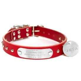 Handmade Personalized Studded Leather Dog Collar, Stainless Steel Nameplate and Round ID Tag (Red)