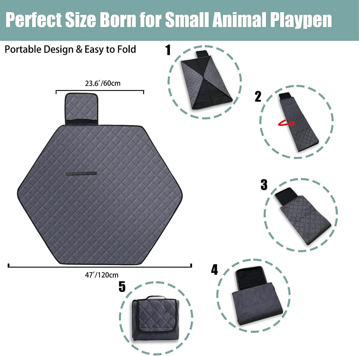 Hexagon Washable Liner for Small Animal Playpen, Portable Reusable Guinea Pig Playpen Pad Hamster Cage Pee Pad Super Absorbent Indoor Waterproof Anti-Slip for Rabbit Bunny (Dark Grey -47Inch)