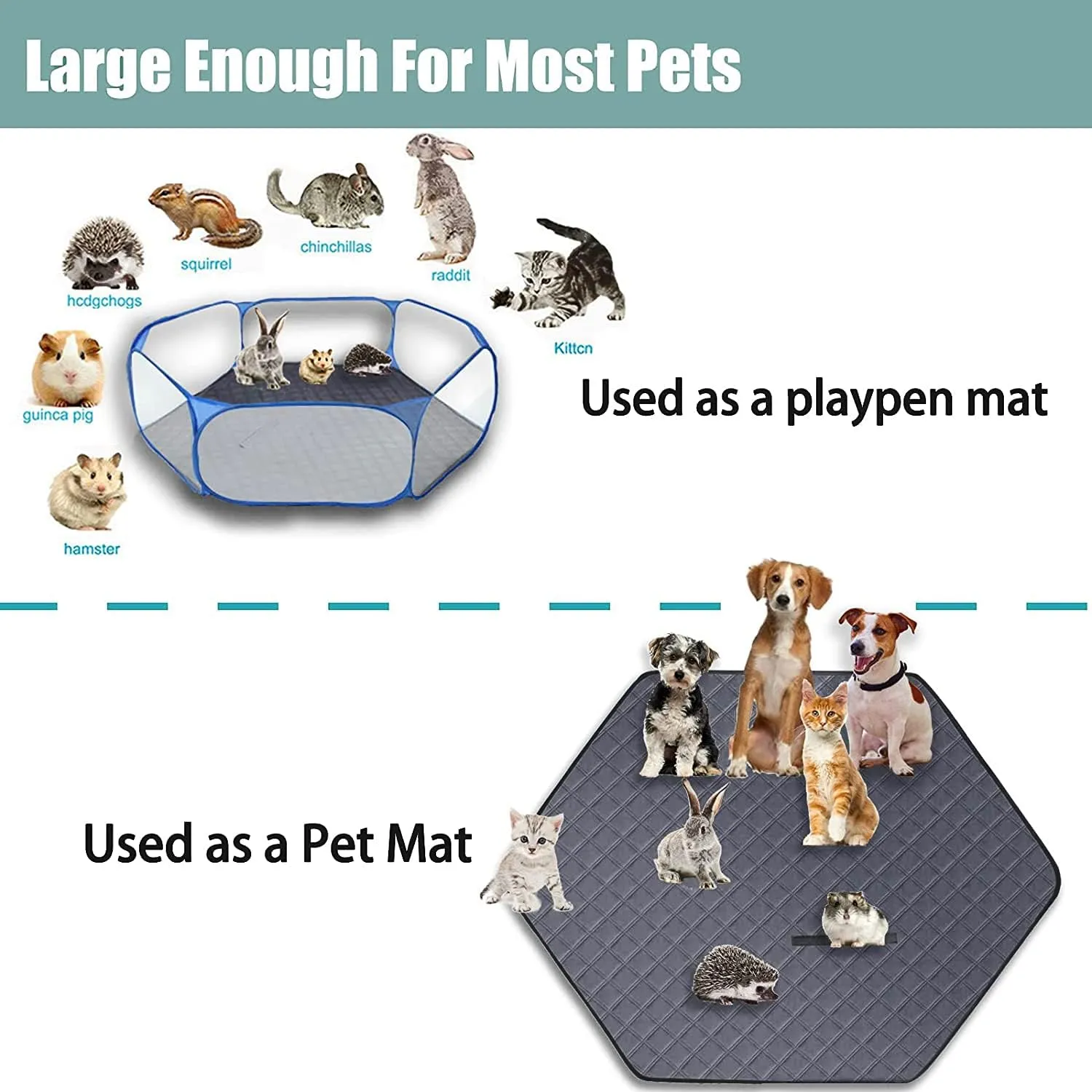 Hexagon Washable Liner for Small Animal Playpen, Portable Reusable Guinea Pig Playpen Pad Hamster Cage Pee Pad Super Absorbent Indoor Waterproof Anti-Slip for Rabbit Bunny (Dark Grey -47Inch)