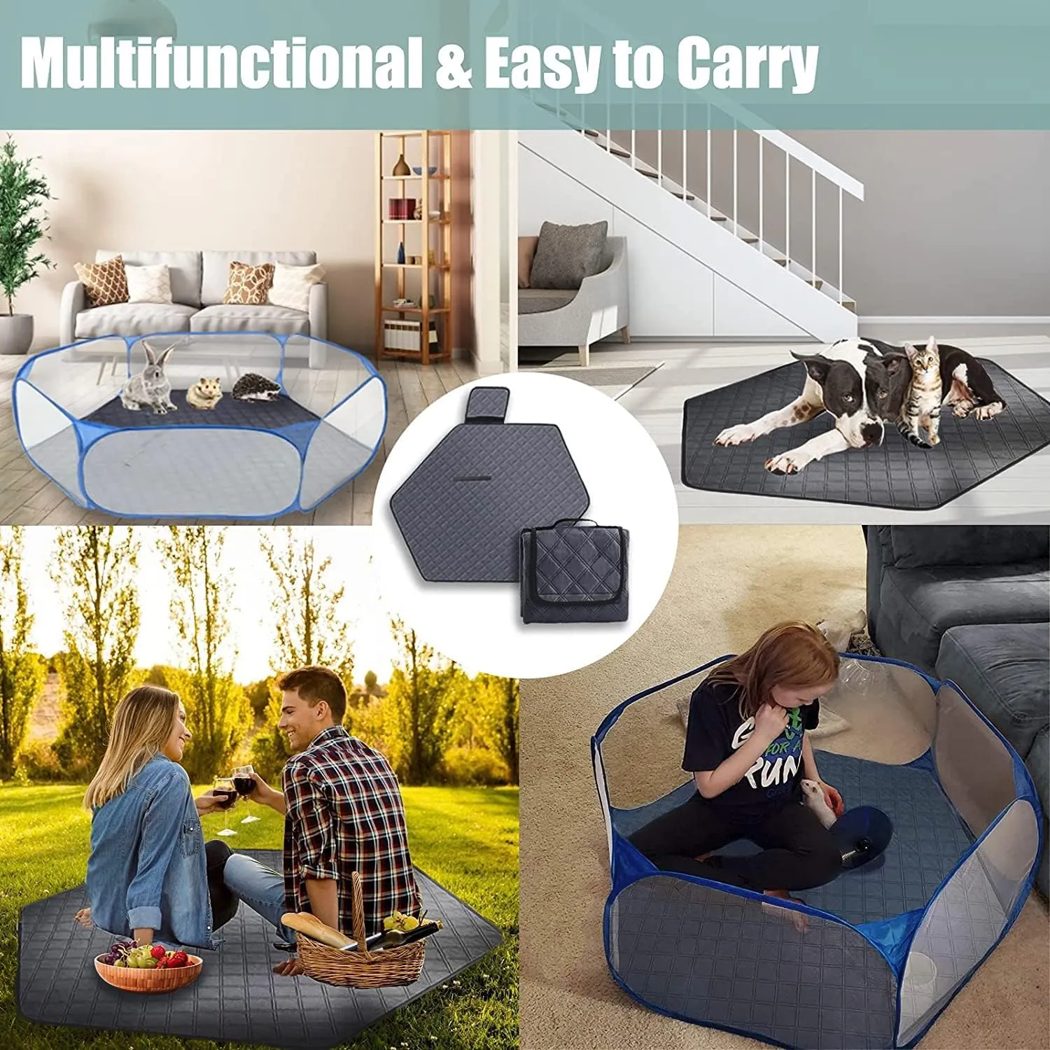 Hexagon Washable Liner for Small Animal Playpen, Portable Reusable Guinea Pig Playpen Pad Hamster Cage Pee Pad Super Absorbent Indoor Waterproof Anti-Slip for Rabbit Bunny (Dark Grey -47Inch)