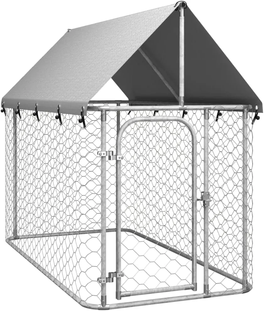 Keep Pets Safe with Outdoor Dog Kennel, Durable Steel and Canopy, Ample Space for Exercise, 78.7"x39.4"x59.1", Silver